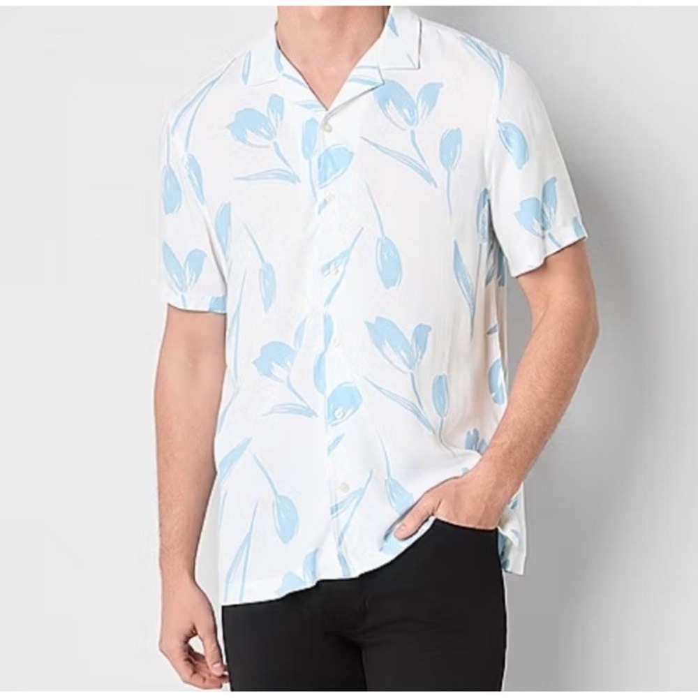 J Ferrar Slim Button-Up Men's Shirt White Blue Tulip Tropical Size XXL 18-18 1/2